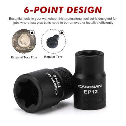 CASOMAN 19PCS External Torx Plus Socket Set, 6 & 5 Point EP Sockets EP4-EP32 with 1/2'', 3/8'' & 1/4'' Dr. EP8.8 Compatible with Tesla, Cr-V Steel - size: 19PCS