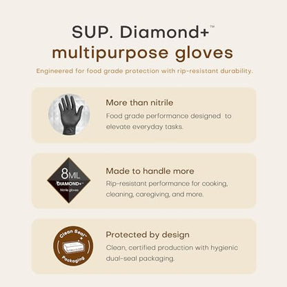 SUPER+ Disposable Nitrile Gloves, 8 Mil Diamond Powder-Free Latex-Free Food Safe Chemical Resistant Heavy Duty, Black 500 Ct - color: Large (Black)