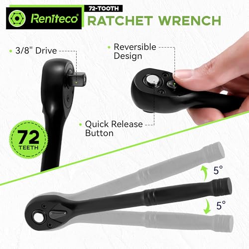 Reniteco 95-Piece 3/8" Socket Set, SAE (5/16"-3/4") & Metric (8mm-22mm), Ratchet Handle, Extension Bar, Adapter, Universal Joint, Power Drill Adapter, Screwdriver Bit, Spark Plug Socket - size: 95 PCS