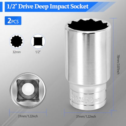 2 Pcs 1/2" Drive 32mm Deep Impact Socket | Anti-Rounding 12 Point Design, Square Chamfered Opening, Easy Removal of Axle Nut - color: Deep, size: 32mm