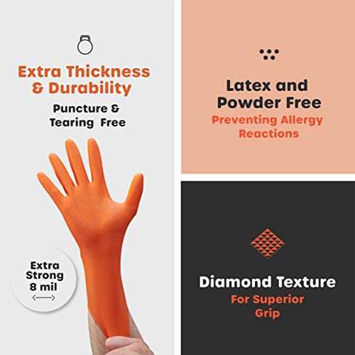 GUSTO 8 Mil Disposable Orange Nitrile Gloves HEAVY DUTY, Industrial, Diamond Texture - Formerly Comfy Package - size: Medium, style: 100 Count