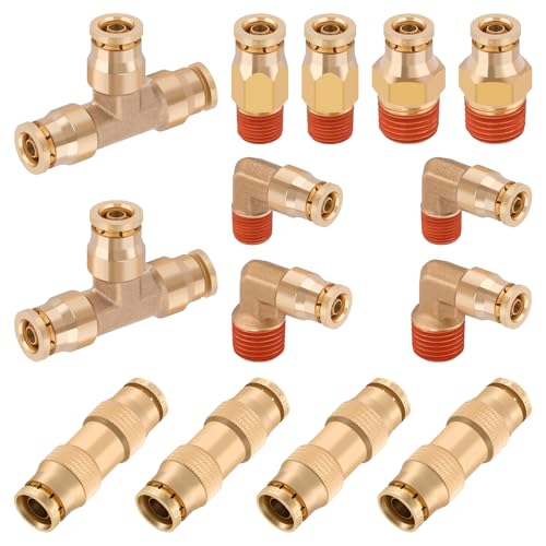 14 Pcs 1/4" Brass DOT Air Line Fittings Kit 1/8" 1/4" DOT Push Lock Air Fittings NPT Thread & Quick Connect Air Hose Fittings Kit - color: Gold-14PCS1/4"