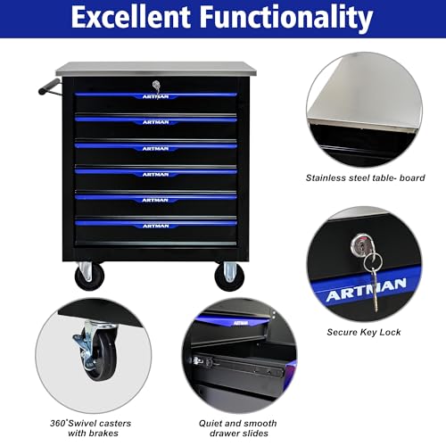 6 Drawer Heavy Duty Rolling Tool Chest, Mobile Metal Lockable Tool Cart with Stainless Steel Worktop, Garage Tool Storage Cabinet for Workshop Auto Repair, Black & Blue, 30.7" H × 25.9" W - size: 6 Drawers