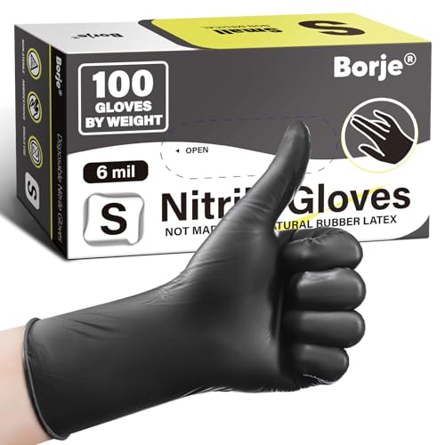 Borje Nitrile Gloves Small, 100 Count Disposable Gloves, Black, Latex & Powder-Free, 6 Mil, Medical Exam, Food Safe, Cooking, Mechanic, Cleaning - size: Small