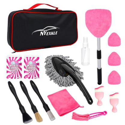 Car Interior & Glass Cleaning Kit, 16Pcs Car Detailing Kit - Car Duster Brushes & Detailing Supplies, Interior Car Cleaner with Windshield Cleaner Tool, Vent Brush & Microfiber Towel, Storage Bag