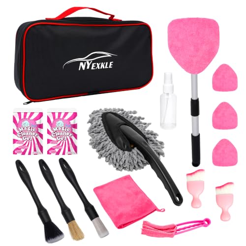 Car Interior & Glass Cleaning Kit, 16Pcs Car Detailing Kit - Car Duster Brushes & Detailing Supplies, Interior Car Cleaner with Windshield Cleaner Tool, Vent Brush & Microfiber Towel, Storage Bag