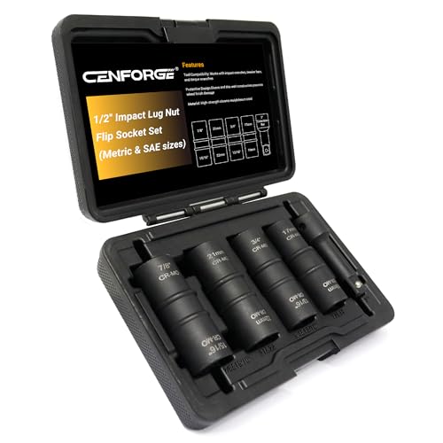 Lug Nut Socket Set, 5pc 1/2" Drive Impact Flip Socket Set with Metric 17 19 21 22 mm & SAE 3/4 13/16 7/8 15/16 in. Sockets, Double Ended Thin Wall Nut Sockets with 3" Extension Bar - size: Flip, 17 19 21 22 mm & 3/4 13/16 7/8 15/16 in.