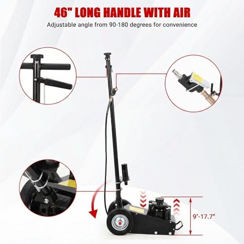 22 Ton Air Hydraulic Floor Jack for Heavy Duty Trucks & Tractors – Low Profile (9"-17.7"), 4 Adapters, 46" Adjustable Handle – 44,000 lbs Capacity - color: 22 Ton Black