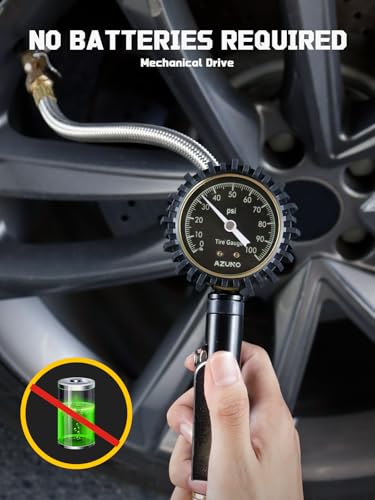 Analog Tire Inflator Gauge with Steel Braided Hose, 100 PSI Mechanical Tire Pressure Gauge – 3-in-1 Inflate/Deflate/Measure, 2.6" Glow Dial, Air Chuck for Car, Truck, SUV, RV, Bike (with Case) - size: 100 PSI Analog-Precision