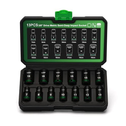 TecoTek 3/8-Inch Drive 12-Point Metric Semi-Deep Impact Socket Set, Mid-Length Socket Set, 7mm to 19mm, CR-MO, Stamped and Ink Filled Size Marking, 13-Piece - size: 7mm to 19mm