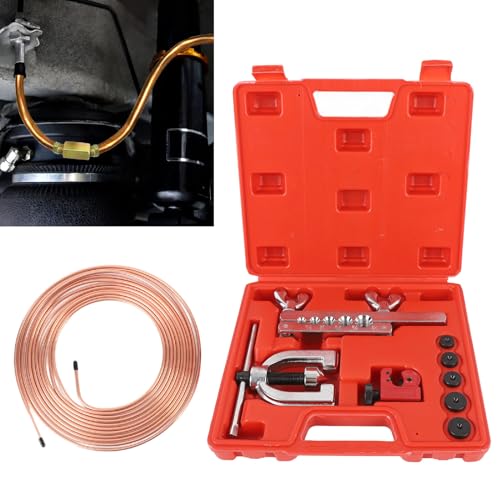 Brake Line Flaring Tool Kit, Double and Single Flaring Tool Kit 1/4 Copper Coated Brake Line with 5 Adapters for Water Refrigeration HVAC Applications