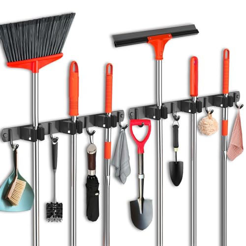 2 Pack Mop and Broom Holder Wall Mount, Upgraded Broom Hanger Wall Mount, Stainless Steel Broom Organizer for Closet Garage Laundry Room Kitchen Wall Decor Black 3R4H - color: Black, size: 2Pack 3Racks 4Hooks