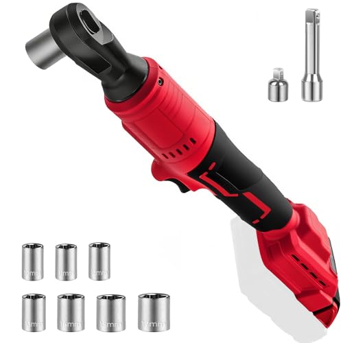 3/8" Ratchet Wrench Compatible with Milwaukee 18v Battery,Brushless Motor 400rpm Variable Speed 45 Ft-lbs(60 N.m) Ft-Ibs Power Tools 7 Sockets, 1/4" Adapter, 3" Extension Bar for car