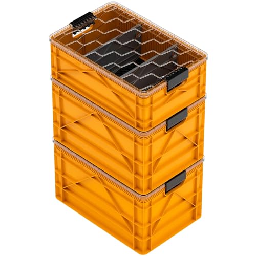 SIDIO Pro Pack, HD Stackable Storage Bins with Lids & Dividers, Sol | Includes 2 full-size & 1 half-size crates, lids & dividers, durable organizer for home, garage & outdoor use, USA made - color: Sol