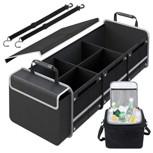 Snuopfy Car Trunk Organizer,115L Heavy Duty Collapsible Trunk Storage, with Insulated Leakproof Cooler Bag Vehicle Cargo Organizer with Lid, 3 Compartments, Straps For Car,Suv,Jeep,Sedan-Black - color: Black 115L