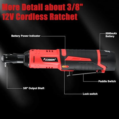 AOBEN Cordless Ratchet Wrench Kit,3/8" ratchet,40 Ft-lbs Electric Power Ratchet Set with Variable Speed Trigger,2 Packs 2000mAh Lithium-Ion Battery And Charger,83 Sockets - style: AB733-1TMAX