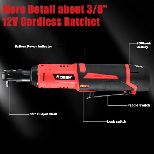 AOBEN Cordless Ratchet Wrench Kit,3/8" ratchet,40 Ft-lbs Electric Power Ratchet Set with Variable Speed Trigger,2 Packs 2000mAh Lithium-Ion Battery And Charger,83 Sockets