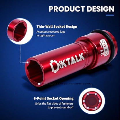 1/2" Drive 21mm Wheel Lug Nut Impact Socket,Color-Coded Non-Marring Deep Thin Wall Socket with Removable Protect Sleeve, 6 Point, Cr-Mo Steel - color: 21mm