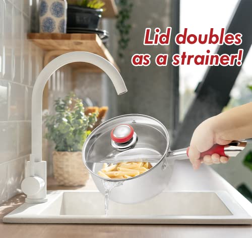 Concord 1 Quart Stainless Steel Saucepan with SIMPLE POUR Vented Glass Lid. Features Dual Pouring Spouts and Volume Marking. Perfect for making Sauces, Jam, Ramen, and more - size: 1 QT