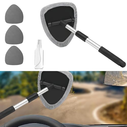 Car Window Cleaner, Car Cleanser Brush, Car Accessories Car Cleaning Supplies Tools, Car Cleaning Kit with Extendable Handle, Microfiber Cloth, Spray Bottle, Fits All Cars (Gray) - color: Gray