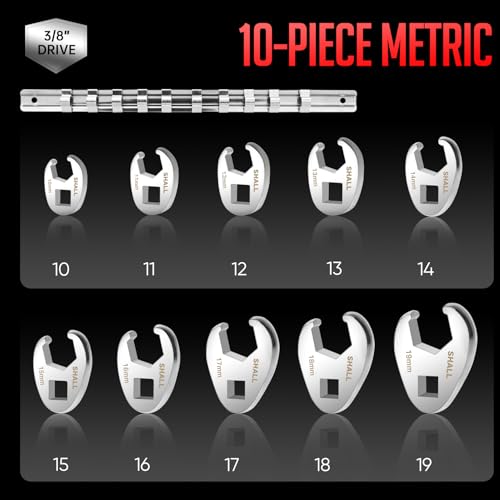 SHALL 3/8" Flare Nut Wrench Set, 10-Piece Metric Crowfoot Flare Nut Tool Kit for Nut Removal, 10-19mm, Clip-on Organizer, Tools for Mechanics, Access Fasteners in Tight Spaces