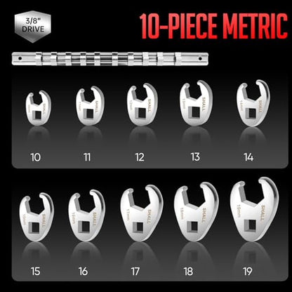 SHALL 3/8" Flare Nut Wrench Set, 10-Piece Metric Crowfoot Flare Nut Tool Kit for Nut Removal, 10-19mm, Clip-on Organizer, Tools for Mechanics, Access Fasteners in Tight Spaces