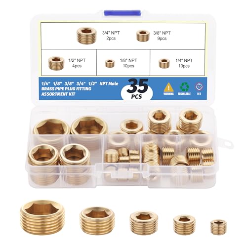 35Pcs Brass Pipe Plug Fitting Assortment Kit,1/8" 1/4" 3/8" 1/2" 3/4" NPT Male Internal Hex Thread Socket Pipe Plug Set,5 Sizes