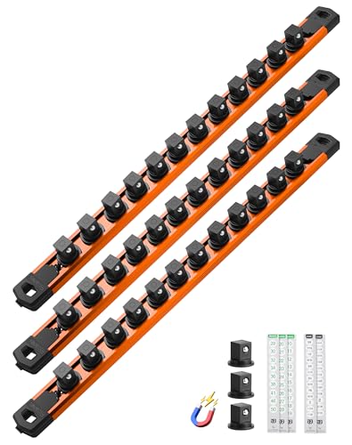ALOANES Magnetic Socket Organizer Set, 3-Piece Heavy Duty Aluminum Socket Rails, 360° Swivel Clips Socket Rail Kit for Tool Tray Drawer Fit 1/2-Inch x 36 Clips (Orange, 3PC) - color: Orange, size: 3PC, 1/2-Inch Drive