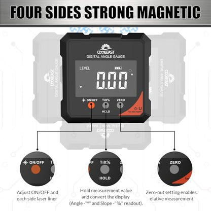 4-Side Digital Angle Finder Digital Level Magnetic Laser Gauge Rechargeable | 4-side magnetic base backlit display Compact inclinometer for woodworking table saw construction carpentry gift for men black - color: Black