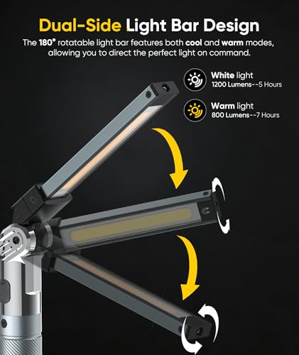 HOTLIGH Magnetic Work Light, 1200LM Rechargeable Work Light with Hook, 3 Mode & Hands-Free Mechanic Light, Magnetic Flashlight for Car Repairing/Emergency/Outdoor Work