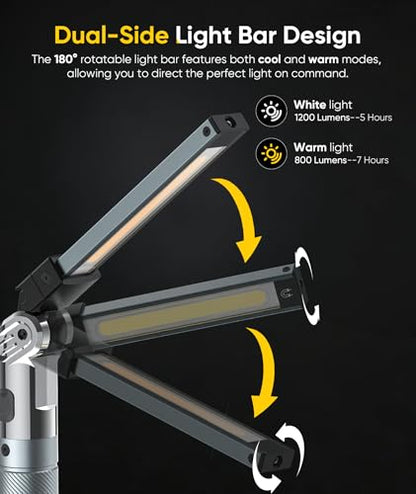 HOTLIGH Magnetic Work Light, 1200LM Rechargeable Work Light with Hook, 3 Mode & Hands-Free Mechanic Light, Magnetic Flashlight for Car Repairing/Emergency/Outdoor Work