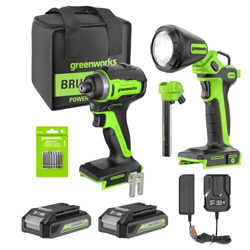 Greenworks 24V Cordless Impact Driver & 2-in-1 Work Light Kit with 2x 2Ah Batteries & Charger – Brushless, Lightweight for DIY, Home Repairs & Outdoor Use - size: 2PCS Combo Kits(Work Light+Impact Driver)