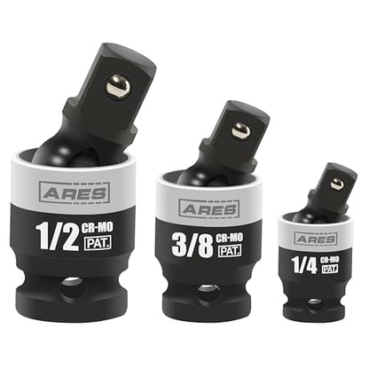 ARES 22036-3-Piece Slim Profile Impact Universal Joint Set - 1/4-Inch, 3/8-Inch and 1/2-Inch Drive Chrome Moly Steel Impact Grade U-Joint Sockets – Slim Body Profile for Superior Access - size: 1/4-Inch, 3/8-Inch, 1/2-Inch Slim Set