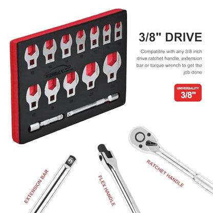 3/8" Drive Crows Foot Wrench Set, 14PCS Metric Flare Nut Crowfoot Wrench Set with 2 Extension Bars, 10-24mm