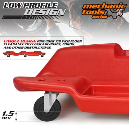 M-AUTO Mechanic Plastic Creeper with Dual Tool Trays, 48" Ergonomic Rolling Garage Shop Creeper with Padded Headrest, 4 Noiseless Casters 350LBS Capacity Red - color: Red