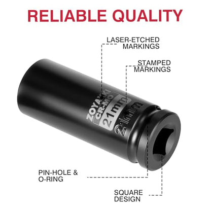 1/2" Drive 21mm Deep 6 Pt CR-MO Metric Impact Socket for Axle Nuts - size: 21mm, style: 1/2" Drive Deep