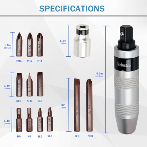 ReluxGo 1/2" Hand Manual Impact Driver, Manual Reversible Impact Hammer Screwdriver Set Includes 12-Piece Slotted, Phillips, Hexagonal Bit Set, for Removing Rusted Fasteners or Frozen Bolts