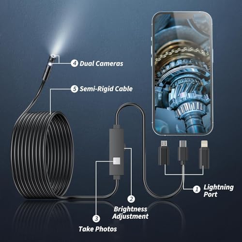 Endoscope Camera with Light,1920P HD Borescope Tools with 8 Adjustable LED Lights, Endoscope with Semi-Rigid Snake Camera, IP67 Waterproof Inspection Borescope for iOS and Android-16.4ft Dual-Lens - size: 16.4ft, style: Dual-Lens