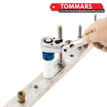 TOMMARS Flex Head Stubby Ratchet Set, 1/4", 3/8", 1/2" Socket Wrench Kit | Mechanic Hand Tool, Flexible, 72 Tooth 5-degree swing arc, Quick Release, Reversible - size: 1/4", 3/8", 1/2" Drive, style: Flex Head Stubby Ratchet Set