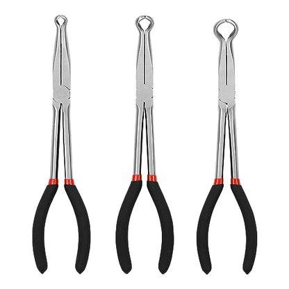 Mayouko 3PCS 11" Long Reach Hose Grip Pliers Set, 5/16 Inch, 1/2 Inch, 3/4 Inch Ring Nose Hose Gripper Pliers Kit, Carbon Steel Offset Spark Plug Boot Removal Pliers for Narrow Space - style: 3PCS