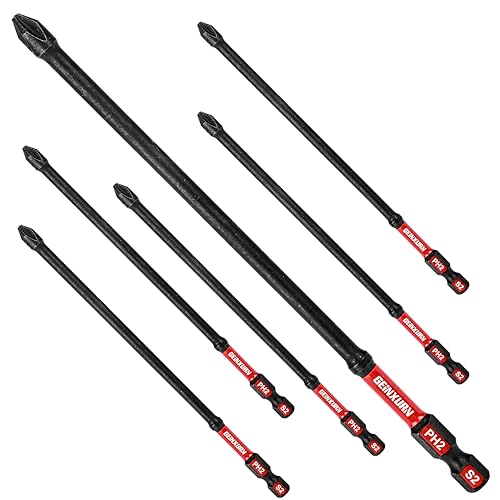 Geinxurn Impact Tough #2 Phillips 6 in. D2 Steel Long Extension Insert Driver Bits,6Pack 1/4 Inch Hex Shank Long Cross Magnetic PH2 Screwdriver Bits Set - size: 6"-D2PH2-6PCS