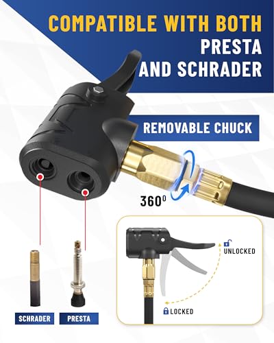 Presta Valve Adaptor Pump with Removable Schrader to Presta Valve Air Chuck – Accurate Bike Tire Inflator & Pressure Gauge for Air Compressor, 100 PSI - size: Presta & Schrader