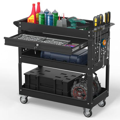 3 Tier Rolling Tool Cart on Wheels, 550 LBS Tool Cart with Drawers，Heavy Duty Utility Cart with Pegboard and Hooks，Mechanic Tool Storage Cart for Garage, Warehouse (Black) - color: Black