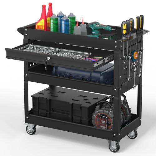 3 Tier Rolling Tool Cart on Wheels, 550 LBS Tool Cart with Drawers，Heavy Duty Utility Cart with Pegboard and Hooks，Mechanic Tool Storage Cart for Garage, Warehouse (Black) - color: Black