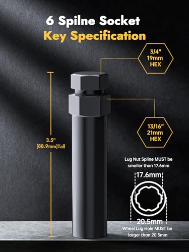 MIKKUPPA Small 6 Spline Lug Nuts Socket, Compatible with 3/4“ (19mm) and 13/16“ (21mm) Hex Wrench, for 12x1.5, 12x1.25, 1/2-20 Spline Nuts, 20.5mm Thin Wall Wheel Nuts Tuner Tool Key - color: Black, size: 6 Spline - 1 PC