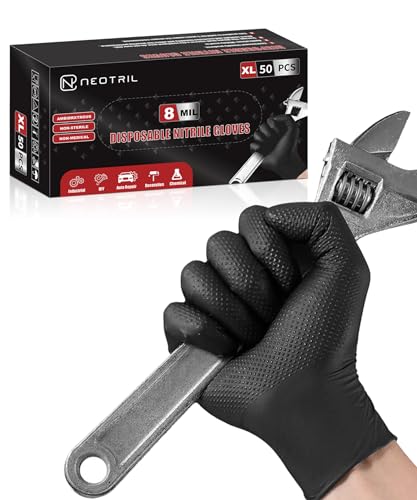 NEOTRIL 8 Mil Heavy Duty Disposable Nitrile Gloves with Diamond Texture Grip Rubber Gloves Latex & Powder Free - color: Box of 50 / Black, size: XX-Large