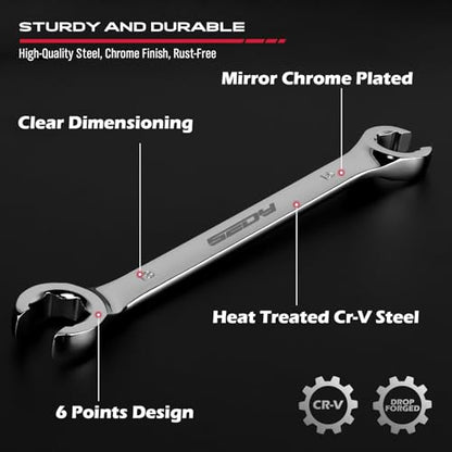 SEDY 14-Piece Flare Nut Wrench Set with PTFE Tape, Metric & SAE Brake Line Wrench Offset 1/4"-7/8"& 9-21mm Set Double Open End with Organizer Pouch for Repairing and Removing Nuts - style: 14-Pc MM/SAE + 2 Tape (Flare)