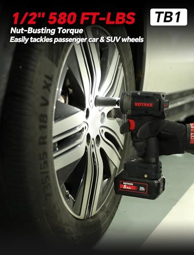 ROTAKE 20V Compact 1/2" Cordless Impact Wrench Kit, 580 FT-LBS, TB1 | 5.0Ah Battery, Brushless Motor, 3-in-1 Unibody Hammer Housing, Soft Start, Forward LED, 4A Rapid Charger, Hard Carrying Case - size: 1/2" (580 ft-lbs) TB1