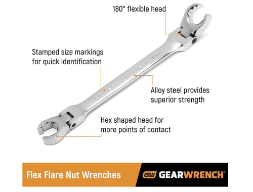 GEARWRENCH 6 Pc. Flex Flare Nut Wrench, Metric - 81911D - size: 6-piece kit, style: METRIC