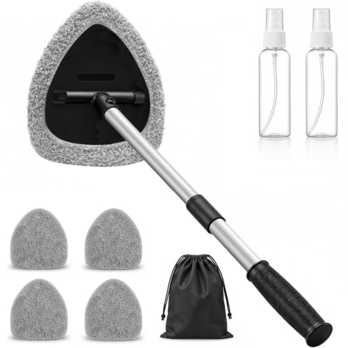 25.5" Extra-Long Reach – Super Absorbent Coral Velvet Windshield Cleaner Tool, Streak-Free Windshield Cleaning Tool Kit with 5 Pads, 2 Spray Bottles & Storage Bag for Auto Glass & Home Windows, Gray - color: Gray